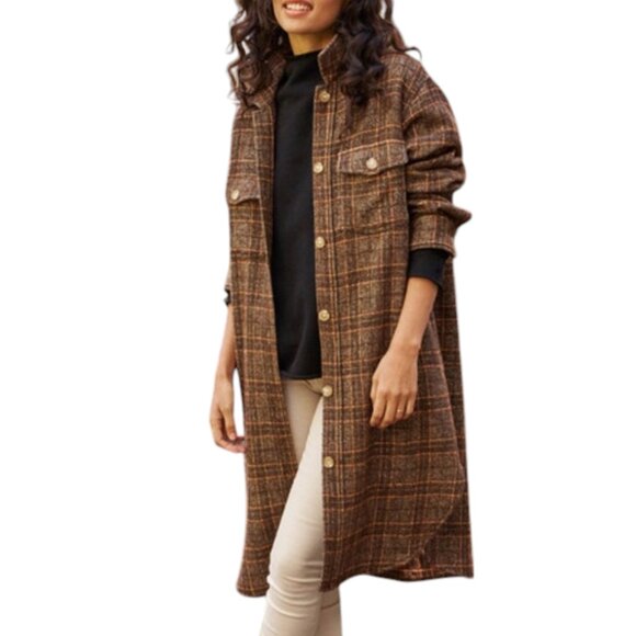 Frank & Eileen Gavin Long Shirt Jacket, Wool, Brown Orange Plaid, XS - Picture 3 of 12